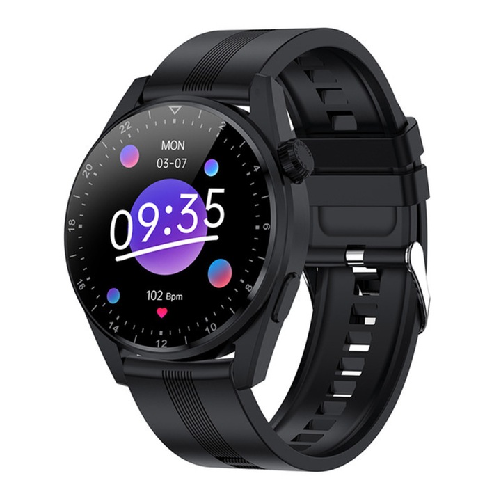 Мъжки Смарт часовник NUBI HK3 PRO, IPS Дисплей, Bluetooth разговор, Пулс, Калории, Кръвно налягане, Дистанционна камера, AI гласов асистент, Черен силикон