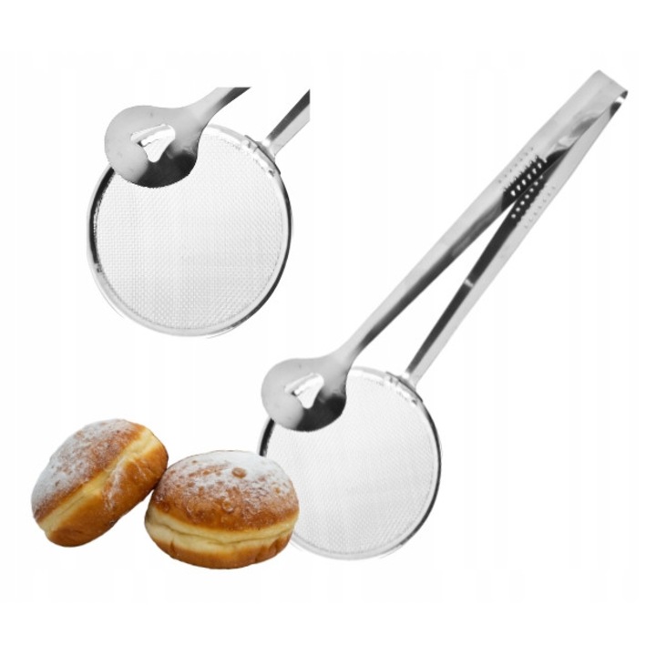 Konyhai fogó szitával, Galicja, Fém, Fánkhoz/krumplihoz, Ezüst