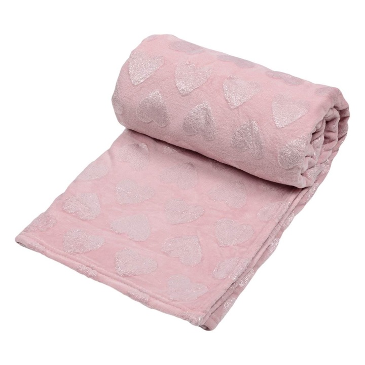 Кадифено одеяло Shopiens®, модел с блестящи сърца, розово, 200 x 150 см