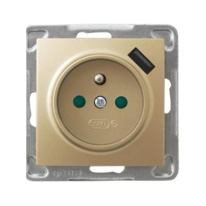 Обикновен контакт, Ospel, Impresja, GP-1YZPUSB/m/28 със заземяване със щори с USB зарядно устройство, 2.1A, Метално злато