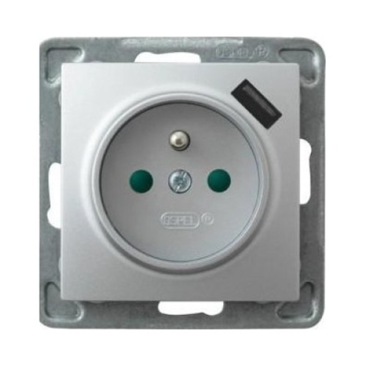 Букса Ospel Impresja, 1/4, с 2 USB 2 порта, 1A, сребриста