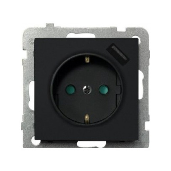 Priza simpla, Ospel, Sonata, 2.1A/m/33 cu impamantare schuko, cu obloane cu incarcator USB, 2.1A, negru metalic