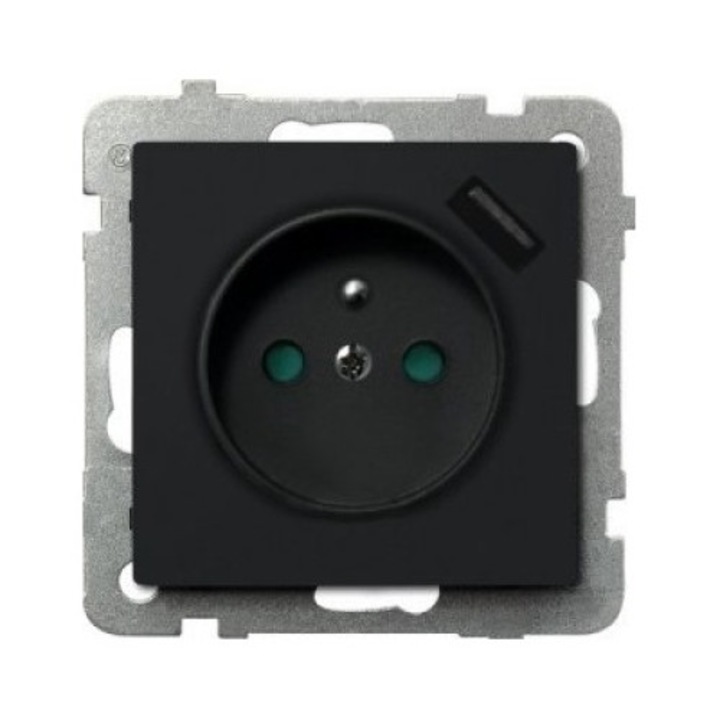 Обикновен контакт със заземяване и щори със зарядно устройство, Ospel, Sonata, USB, 2.1A, Металик черен