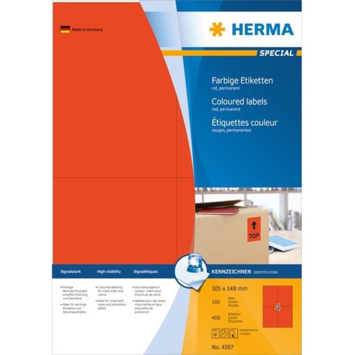 Самозалепващи етикети за принтери, Herma, Хартия, Правоъгълни, 105 x 148 mm, 4/A4, 100 листа, Оранжеви