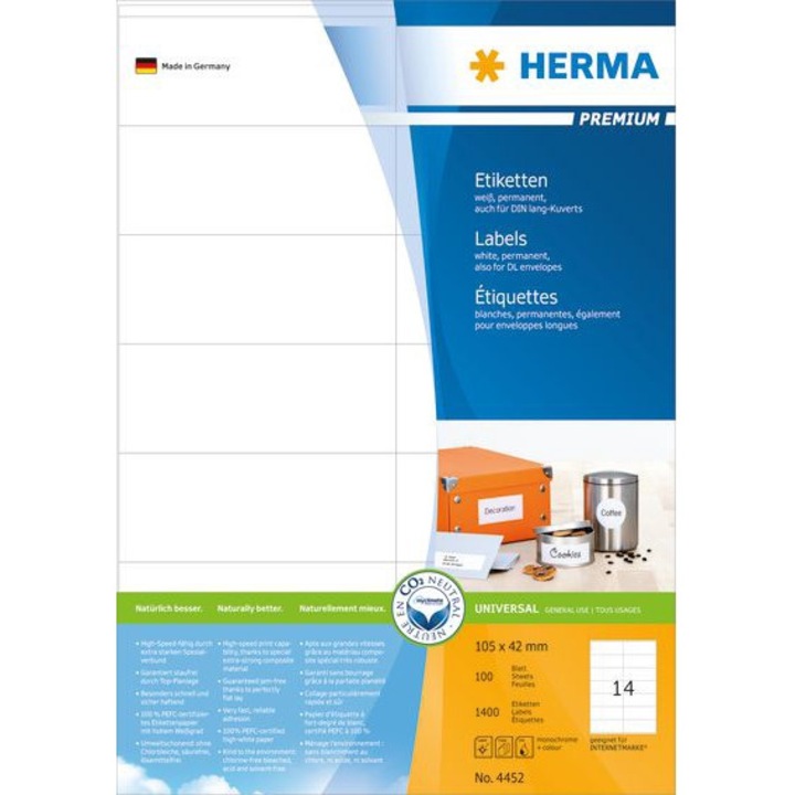 Etichete autoadezive pentru imprimante, Herma, Dreptunghiular, 105 x 42 mm, 14/A4, 100 coli, Alb