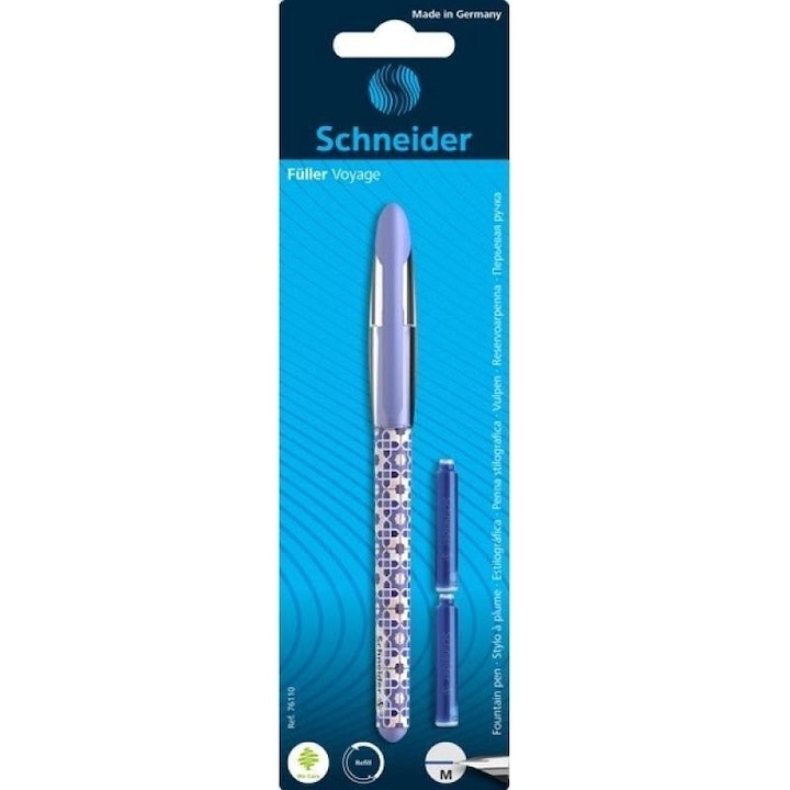 Stilou si 2 rezerve, Schneider, Inox, Mov/Alb