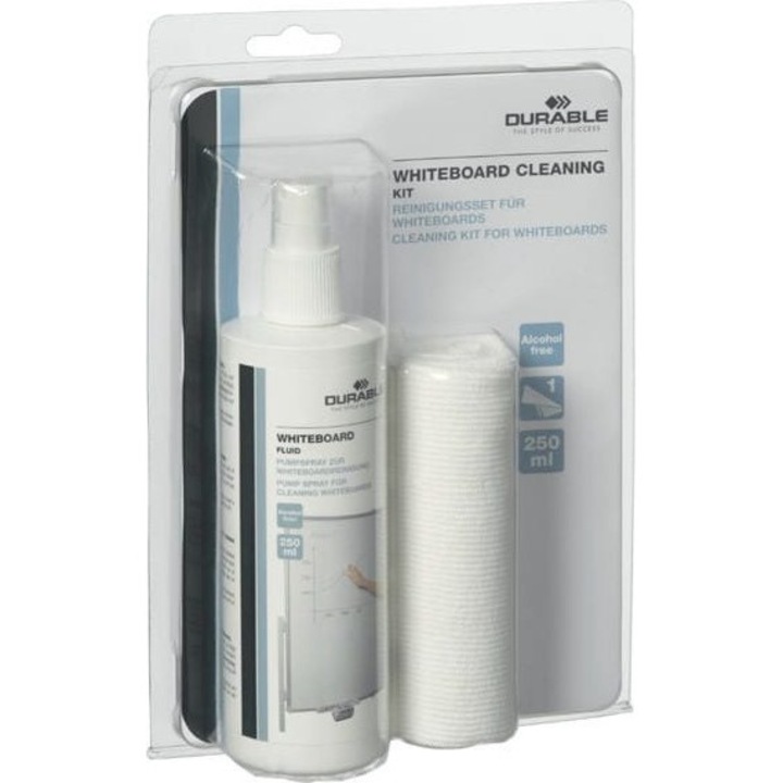 Kit curatare tabla alba, DURABLE, spray si dischete microfibra, 250 ml