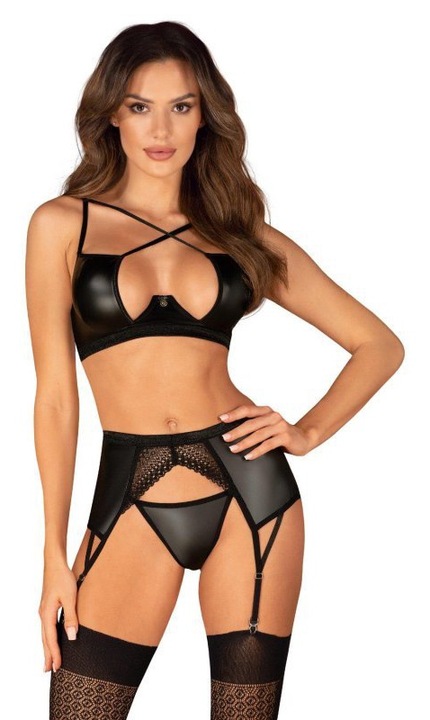 Комплект секси дамско бельо Obsessive, Norides, 3 части, Полиуретан, Черно, Черен