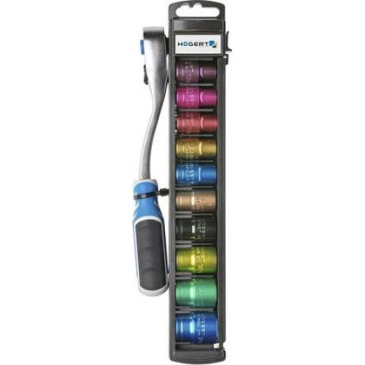 Set cheie cu clichet si 11 prize, Hogert Technik, 1/2, 72 dinti, Multicolor