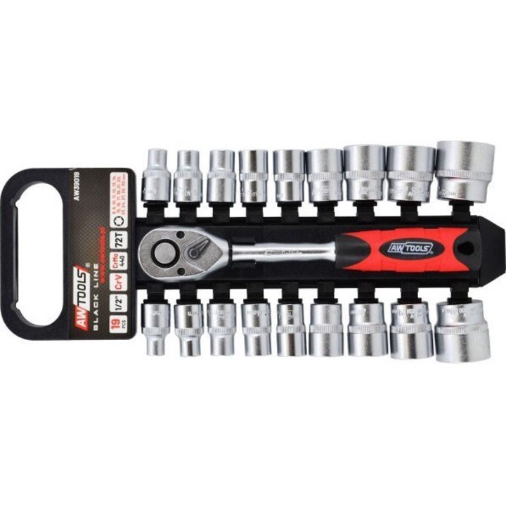 Set 19 piese Black Line, Cheie cu clichet si capete tubulare, AwTools, Otel, 1/2", 8 - 32 mm, Lungime 255 mm, Multicolor