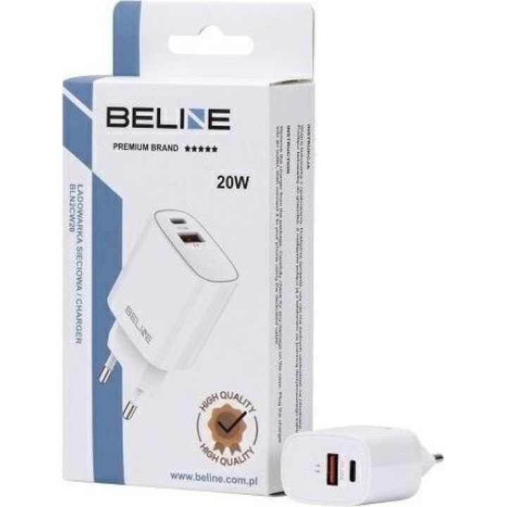 Incarcator de retea Beline, 20W, 1x USB-C, 1x USB, alb, 58.5x42x30mm