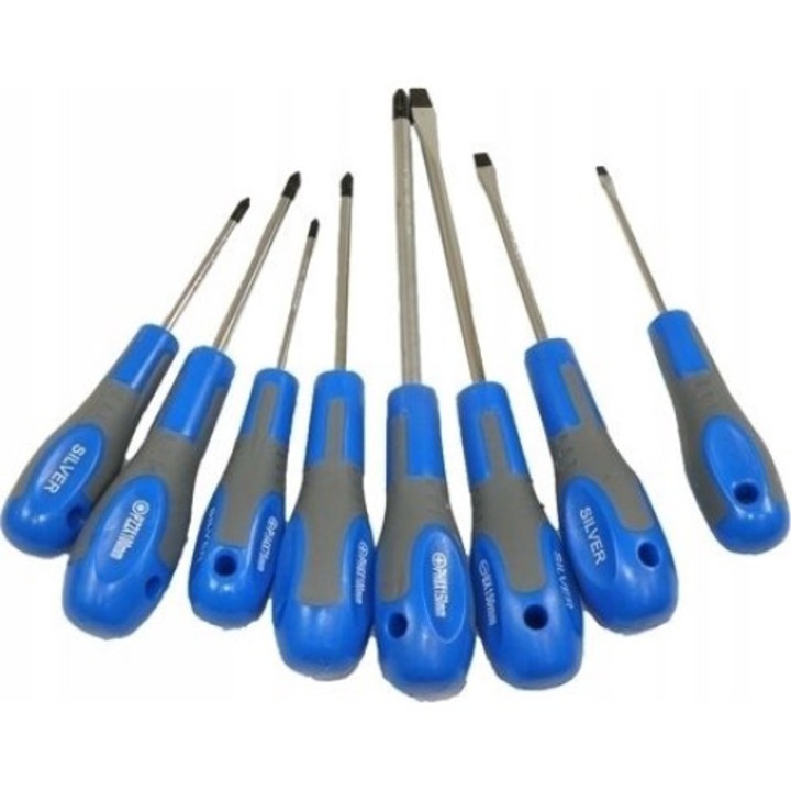 Комплект от 8 отвертки, сребърни, противоплъзгаща дръжка, права/кръстаста, синя/сива