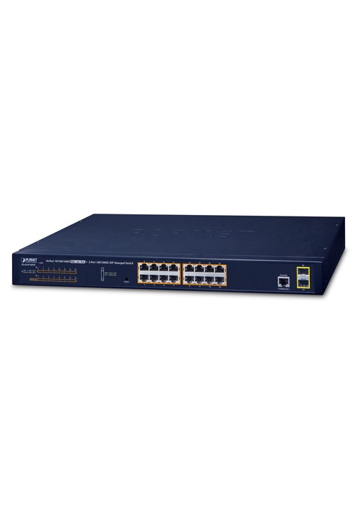 Switch Gigabit Planet GS-4210-16P2S, 16 PoE port, 2 SFP interfész, 45x445x207mm, 2800g