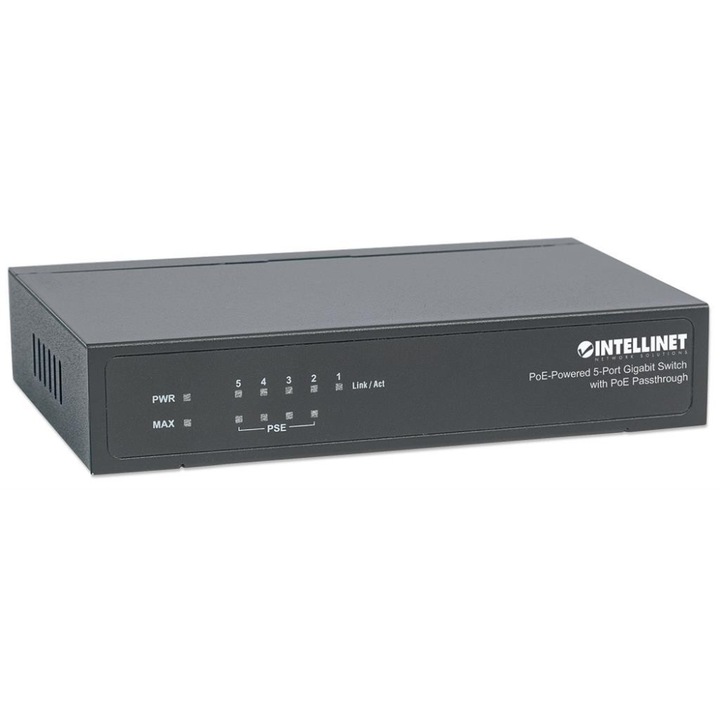 Превключвател, Intellinet, 5p, Powered PoE/AC, 68W, черен