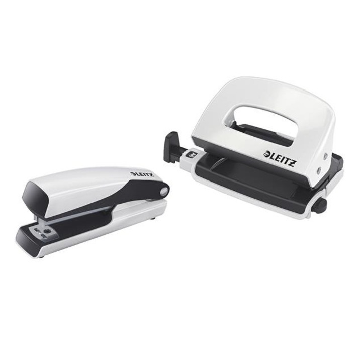 Tűzőgép és lyukasztó szett, 10 lap, fém, LEITZ "Wow Mini", fehér