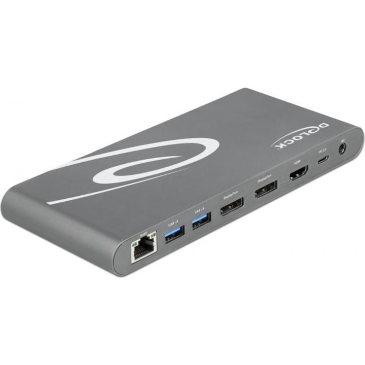 Докинг станция, Delock, 4K, HDMI/DisplayPort/USB/LAN/SD/PD3.0, 180x77x18mm, сив