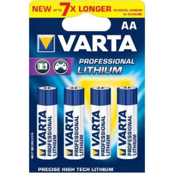 Set 4 baterii, Varta, Lithium AA/R6, Alb/Albastru