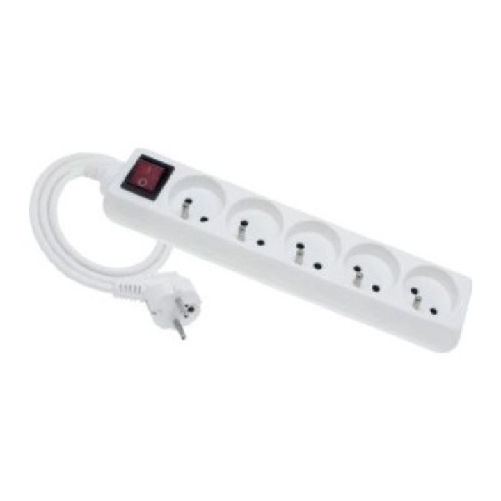 Cablu prelungitor cu cinci prize Elgotech, Alb, 10A, 250V