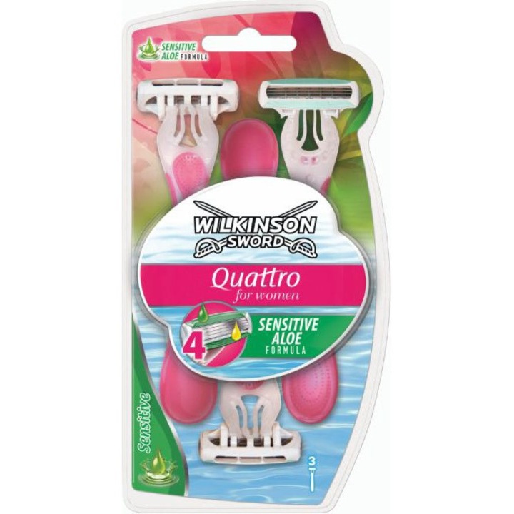 Комплект от 3 самобръсначки Quattro Beauty Sensitive за еднократна употреба, Wilkinson, 4 ножчета, овлажняваща лента, розово / бяло