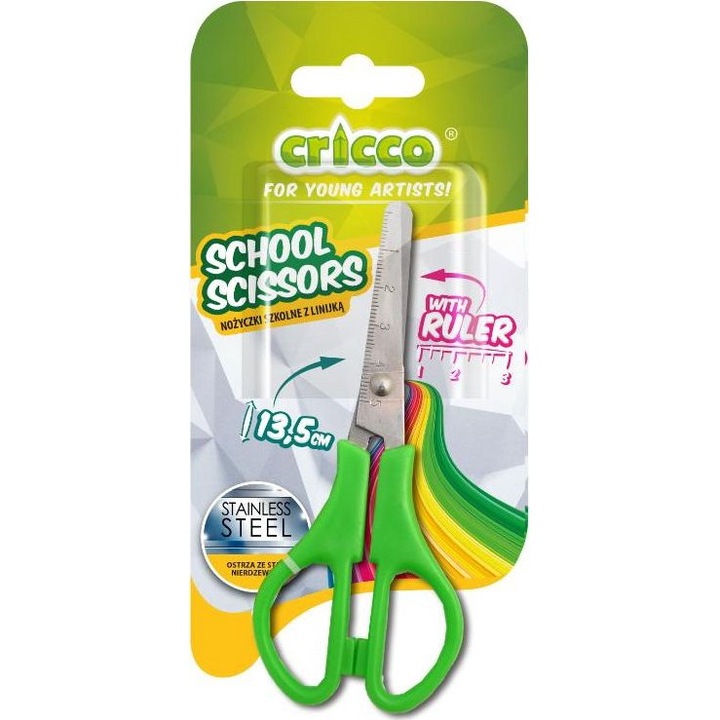 Iskolai olló, Cricco, 13,5 cm, zöld