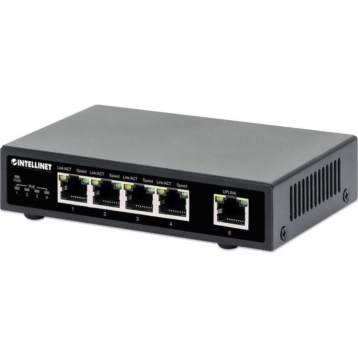 Суич, Intellinet, Gigabit, 4x RJ45, PoE+, черен