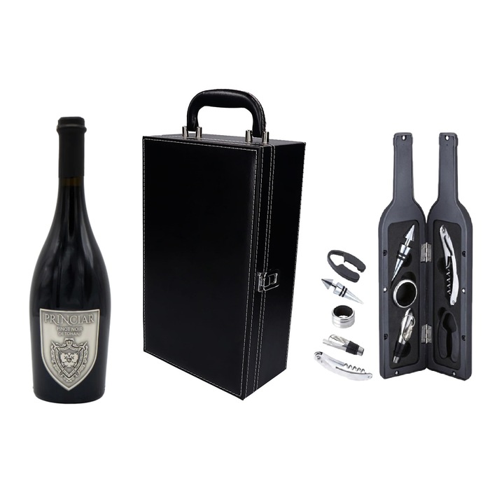 Set cadou pentru barbati Wine Box Princiar, cu vin nobil, accesorii pentru vin in cutie in forma de sticla, ambalaj pentru cadouri