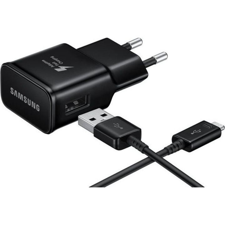 Hálózati töltő + kábel, Samsung, USB-A / USB-C, Fekete