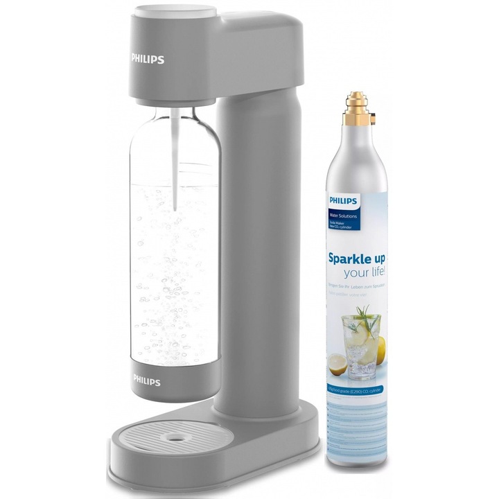 Машина за газирани напитки, Philips, GoZero, ADD4901GR/10, Free BPA, Пластмаса, 1 L, 23.95x12.45x42.35 см, Сив