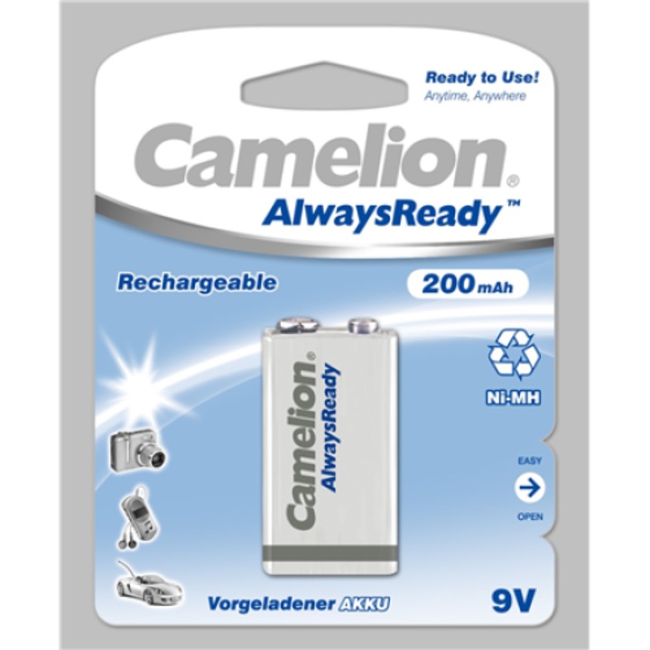 Újratölthető akkumulátor, Camelion AlwaysReady, Ni-Mh, 9V, 200mAh