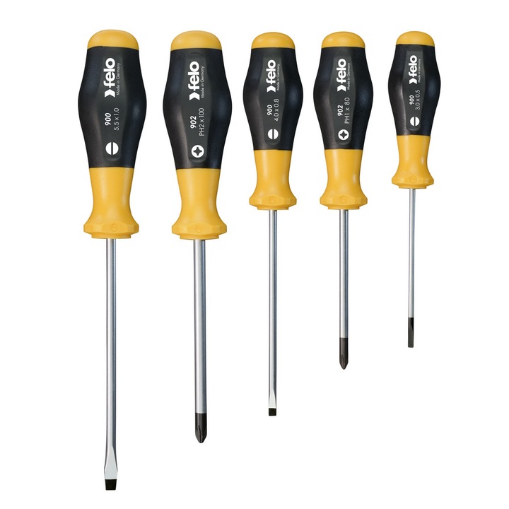 Комплект от 5 отвертки, Felo, Ергономична дръжка, Черно/Жълто