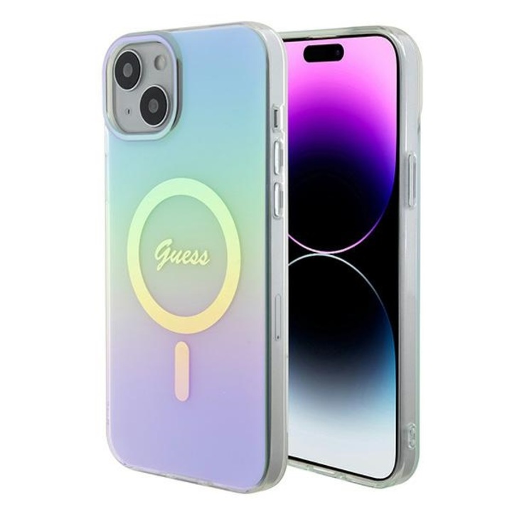 Husa Guess IML Iridescent MagSafe pentru iPhone 15/14 Plus 6.7", turcoaz, tip hardcase