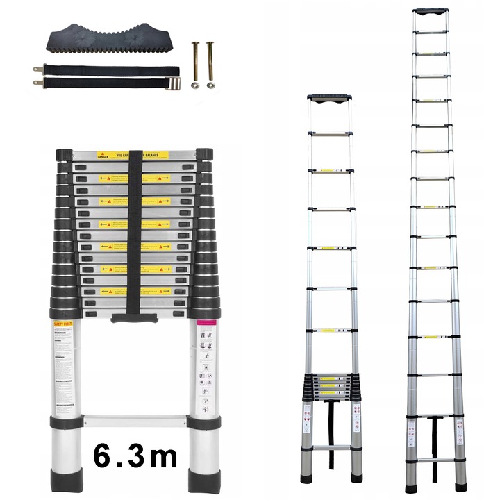 Scara telescopica pliabila, Hooha, 6M3DTJD-M3，Aluminiu, 6.3 m, Negru