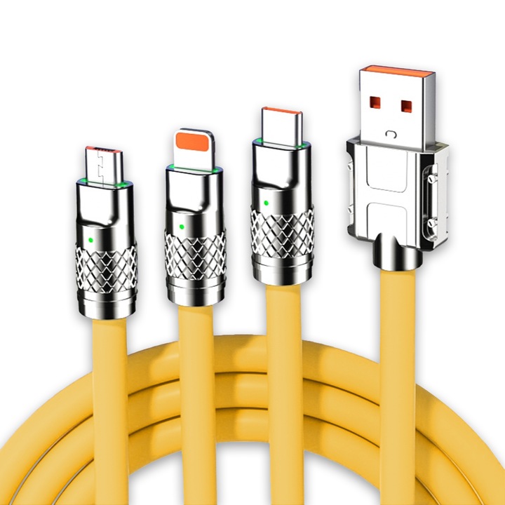 Cablu Date si Incarcare Rapida Timebox, 3 in 1, 120W, QC 3.0, USB, USB-C, Lightning, 1.2m, Compatibil iPhone, Samsung, Huawei, Galben