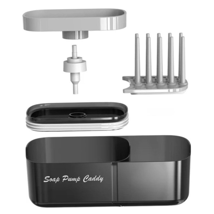 Dozator 2 in 1 EDAR Dentru Detergent Lichid de Vase, Rezervor 380 ml, Pentru Obiecte Sanitare Cu Suport Pentru Burete de Bucatarie, Negru/Gri