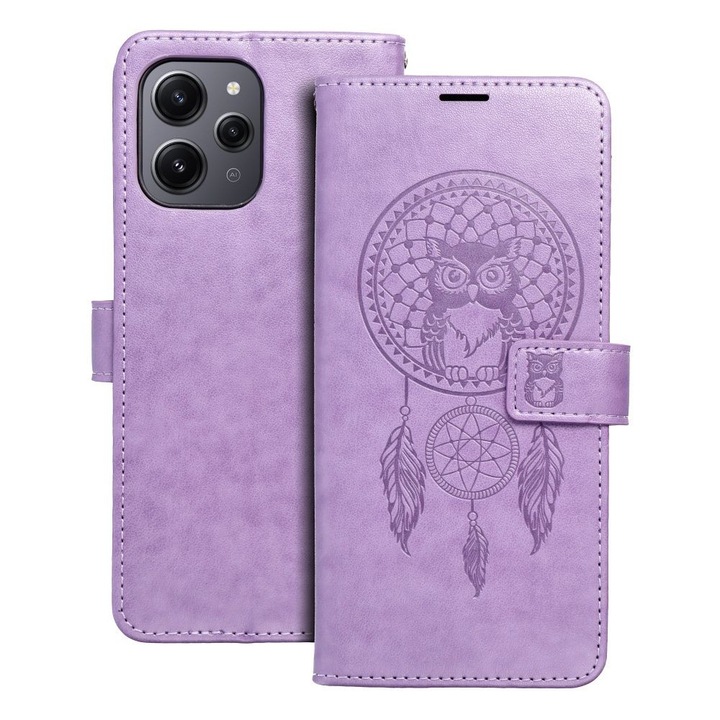 Xiaomi Redmi 12 4G / 5G kompatibilis könyvtok, bankkártyatartós, mágneszáras, álomfogó mintás, lila, Forcell Mezzo