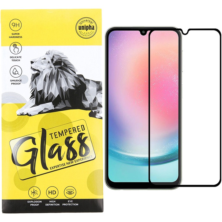 Samsung Galaxy A25 5G / A24 4G kompatibilis üvegfólia, előlapi, 9D, edzett, hajlított, fekete kerettel