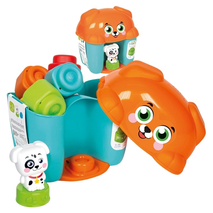 Set de 6 blocuri de constructie, Clementoni, Clemmy, si Bucket caine cu catelus, 6 luni, 5x5x5 cm, Multicolor