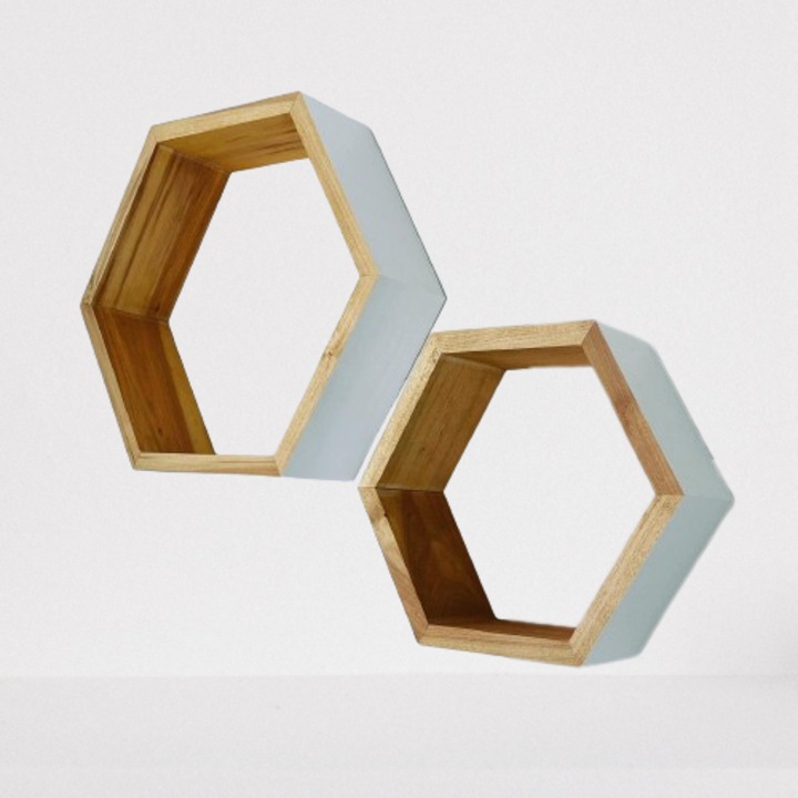 Комплект от 2 шестоъгълника от масивно дърво, Бял