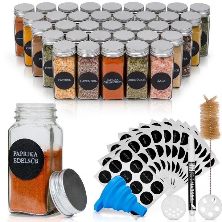 Set de 36 de borcane pentru condimente Deco Haus - Kit cu etichete, palnie, perie de curatare, marker