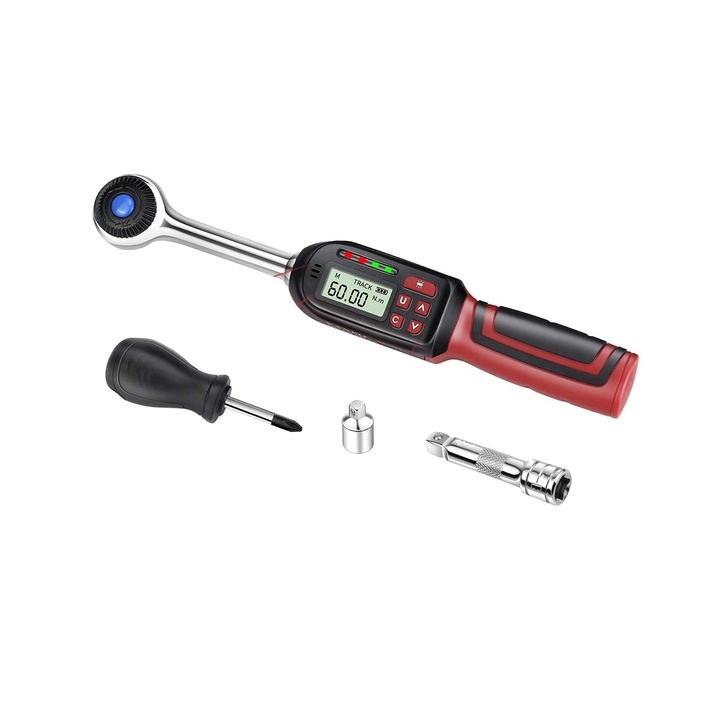 Дигитален динамометричен ключ 3/8 инча с адаптер към 1/4 инча, въртящ момент 3-60 Nm, с LCD дисплей, звуков сигнал, удължителен прът, с кутия за съхранение