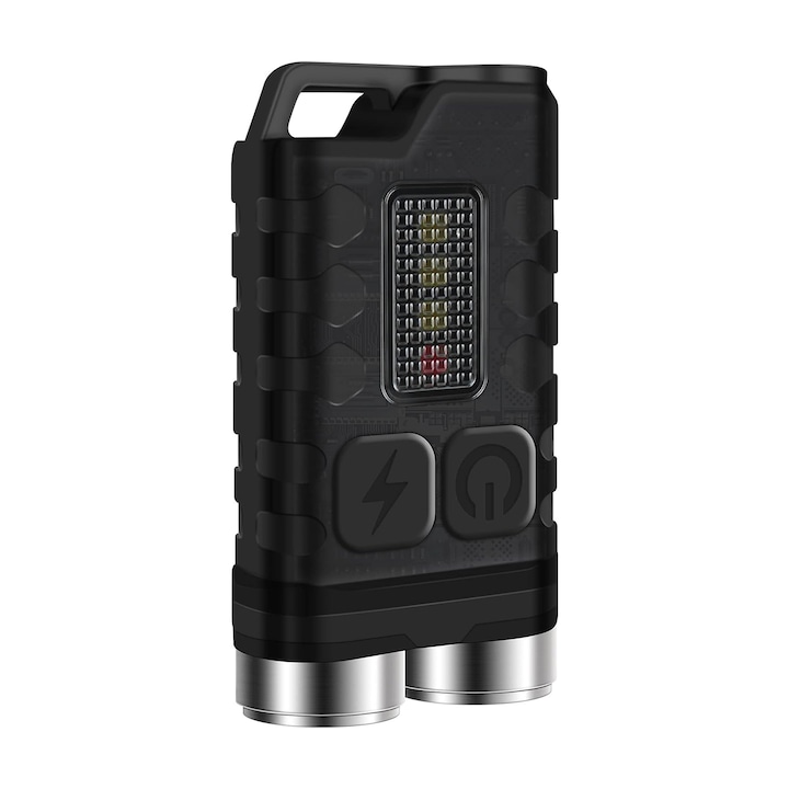 Mini LED zseblámpa kulcstartóval, YWX, ABS, 900 lm, piros-kék UV fény, 10 világítási mód, 15 x 31 x 56 mm, fekete