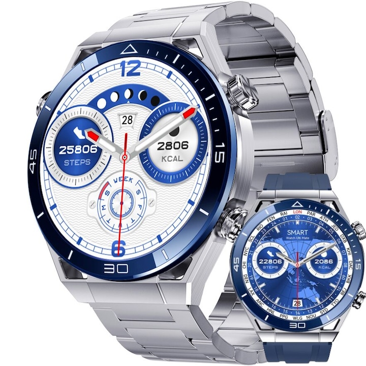 Смарт часовник DT™ WATCH ULTRA MATE 1.5” Amoled, Bluetooth разговор, Мулти спорт, GPS проследяване, Компас, AI Гласов асистент, Монитор за здраве, Румънски език, Бързи функции, Известия, Метална и силиконова каишка, Winter Blue