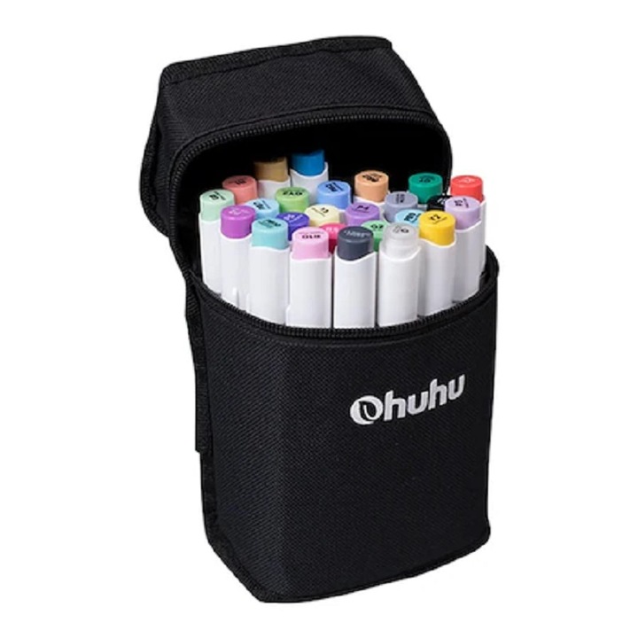 Комплект от 24 маркера Ohuhu Honolulu B, алкохолна основа, фина четка с два накрайника, многоцветен