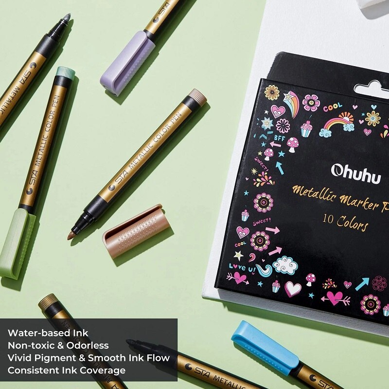 Set 10 Markere Premium Ohuhu, Baza Apa, Non Toxic, Culori Metalice