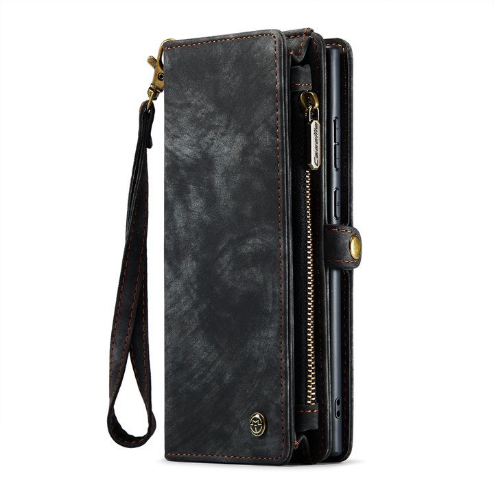 Калъф за Samsung Galaxy Note 20 Ultra, CaseMe, подвижен заден капак, кожен портфейл, с магнитна щипка, мултифункционален, отделяща се каишка за ръка, джобове за карти, пари, стойка, слушалки, ключове, Черно