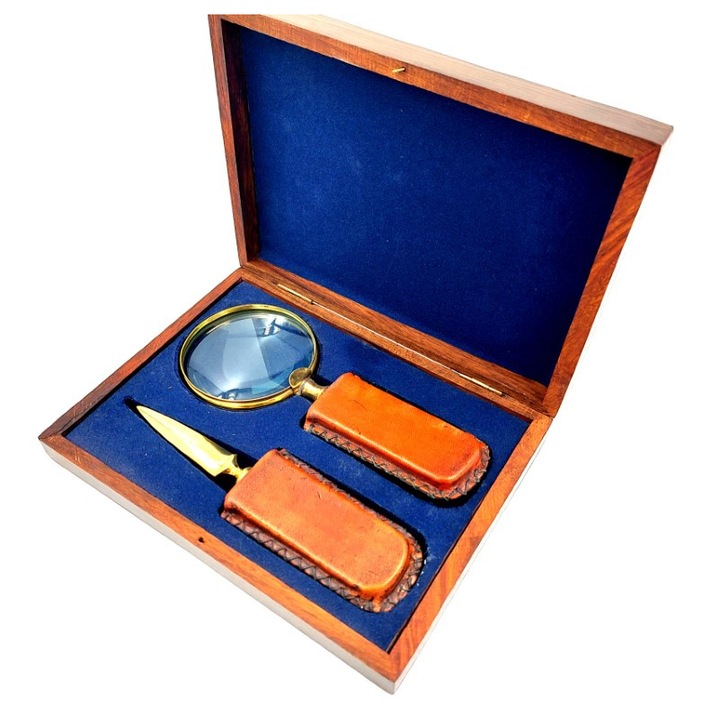 Nagyító és papírkés készlet, Giftdeco, sárgaréz/bőr, barna