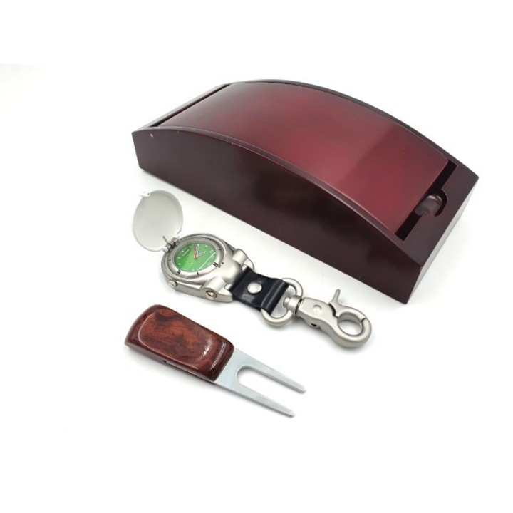 Golf ajándékkészlet, Giftdeco, kulcstartó és villa, fém/fa, barna/ezüst