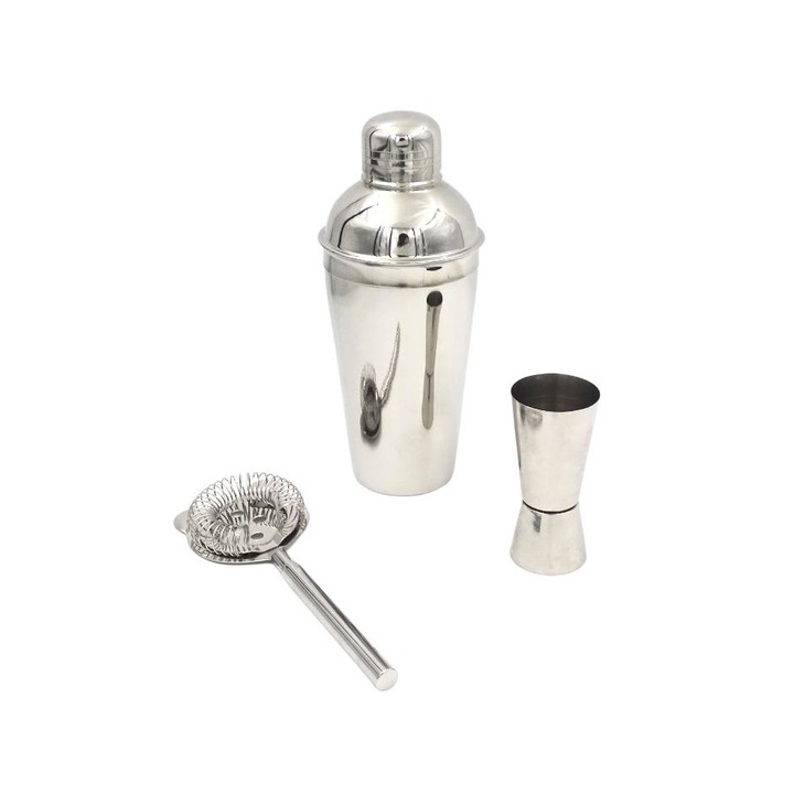 Shaker barman, Giftdeco, Otel, 3 piese, Argintiu, 750 ml