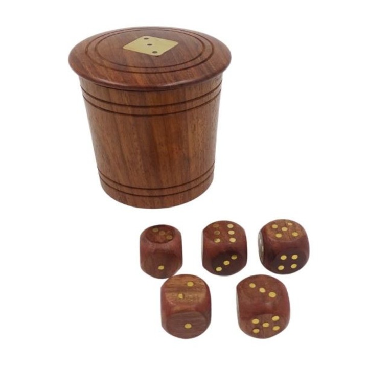 5 db dobókocka/pohár készlet, Giftdeco, G150JZ, fa, barna/arany