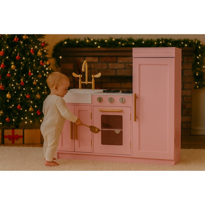 Bucatarie din lemn Hello Kitty idealSTORE, Dimensiuni 84 x 30 x 91 cm, Material MDF, Cu lumini LED, Ideala pentru un inceput in domeniul culinar, Chiuveta detasabila, Aragaz si Cuptor, Dezvolta imaginatia, Culoare Roz